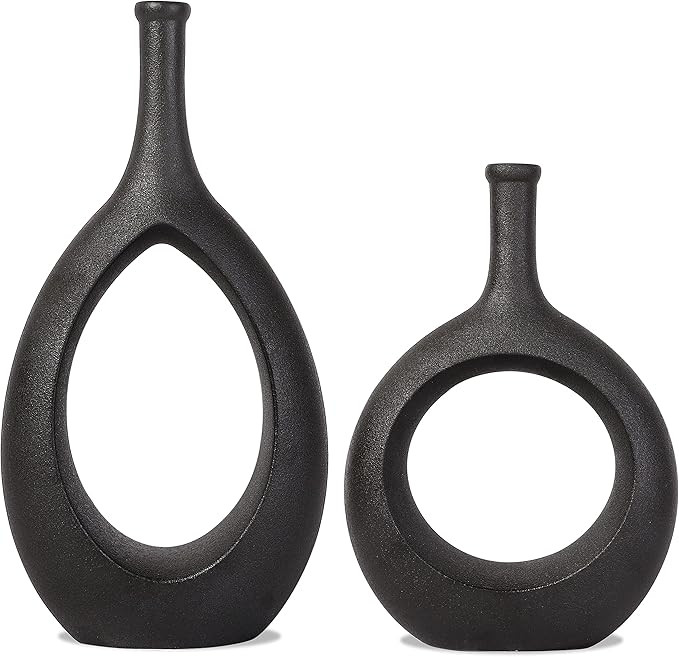SANFERGE Set of 2 Black Ceramic Flower Vase, Hollow Oval Vase for Home Décor Office Decoration, ... | Amazon (US)