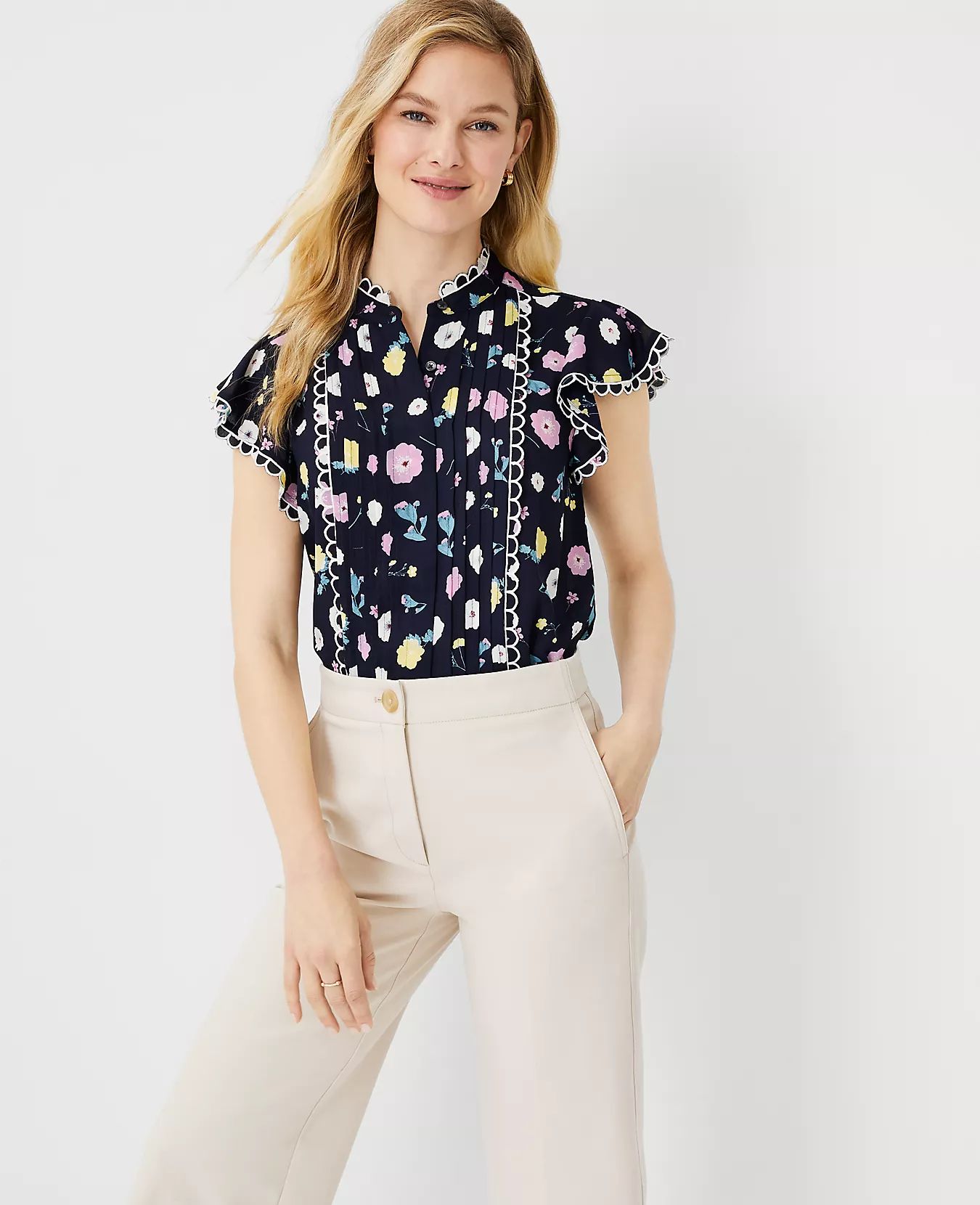 Floral Scalloped Pintucked Flutter Sleeve Top | Ann Taylor | Ann Taylor (US)