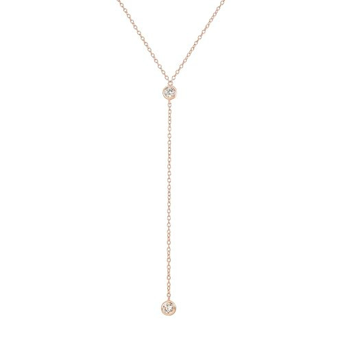 Faire de la Mode 14k Rose Gold Vermeil Lariat Necklace with 2 CZ Diamond in a 3.25" Dainty Drop Pendant, 16" - 19" Gold Dipped Sterling Silver Long Necklace for Women | Amazon (US)