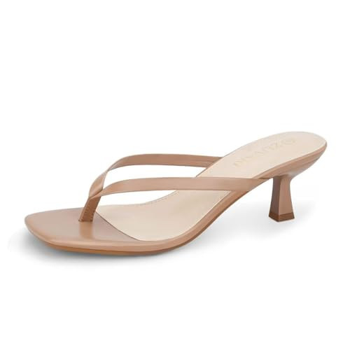 ZUVARI Kitten Heels for Women, Square Toe Flip Flop Kitten Heel Sandals, 2.16 Inch Thong Heels, Slip-On Dressy Summer Heeled Sandals | Amazon (US)