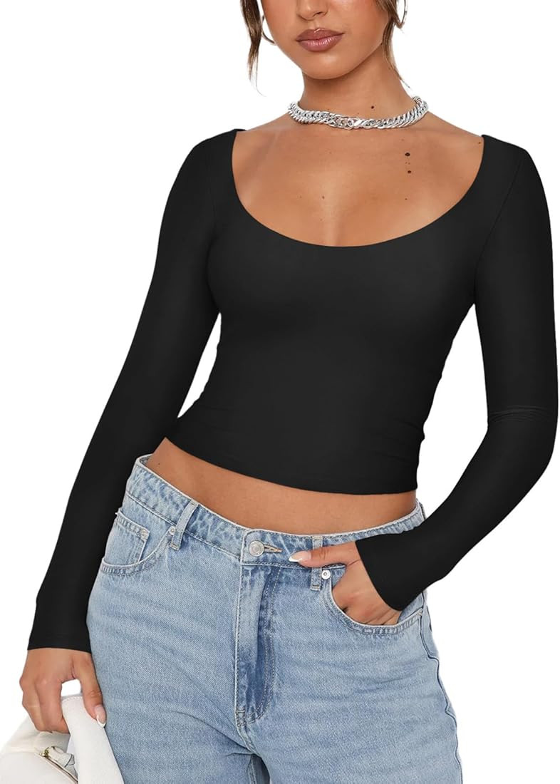 REORIA Womens Sexy Scoop Neck Long Sleeve Double Lined Basic Shirts Fitted Y2K Trendy Crop Tops | Amazon (US)