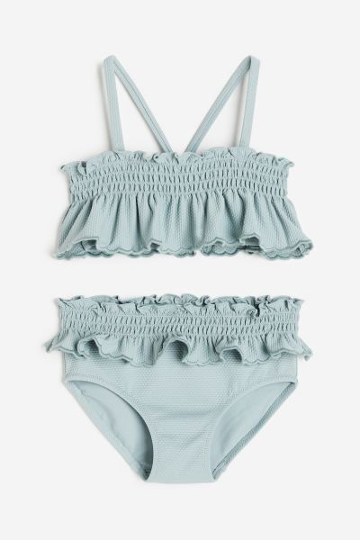 Ruffle-trimmed Smocked Bikini - Square Neckline - Blue/floral - Kids | H&M US | H&M (US + CA)