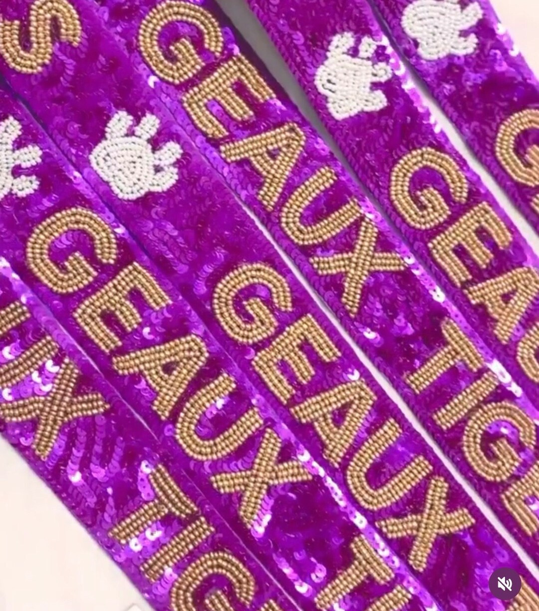 Purple Sequins Background With Gold GEAUX TIGERS Writing and White Paw Prints Crossbody Strap/gam... | Etsy (US)