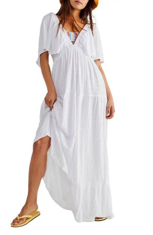 Free People free-est La La Tiered Flutter Sleeve Maxi Dress in White at Nordstrom, Size Large | Nordstrom