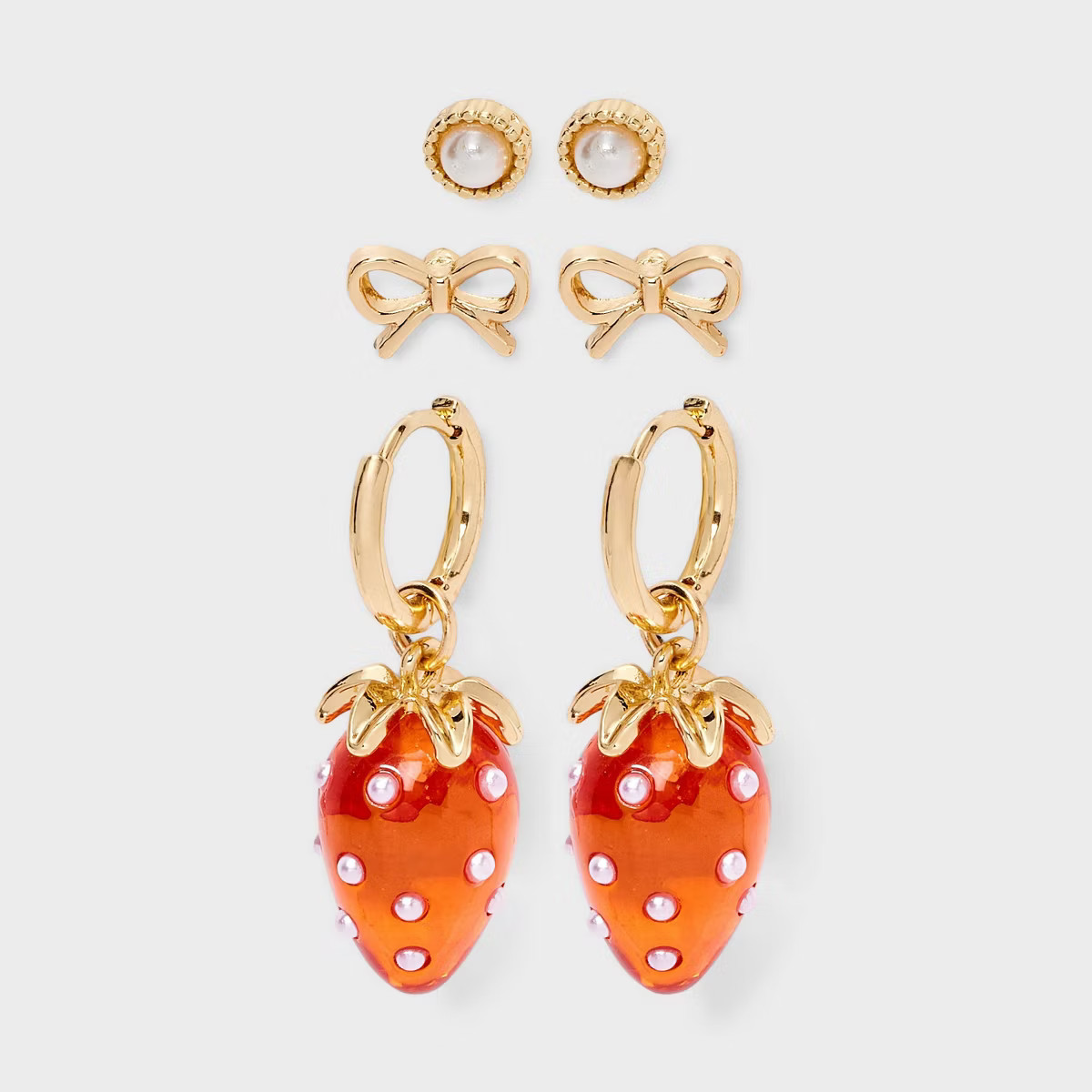 Bow and Strawberry Hoop Earring Set 3pc - Wild Fable™ Gold | Target