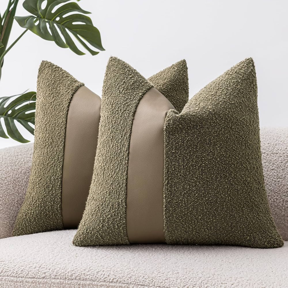 20"x20" Moss Green Boucle Throw Pillow Covers with Faux Leather Accents Set of 2 Fluffy Textured ... | Amazon (US)