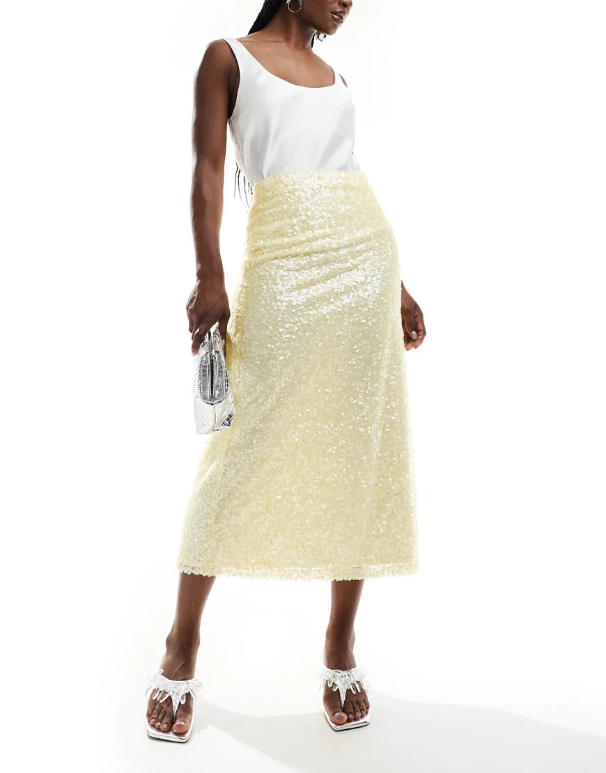 ASOS DESIGN sequin midi skirt in pastel yellow | ASOS (Global)