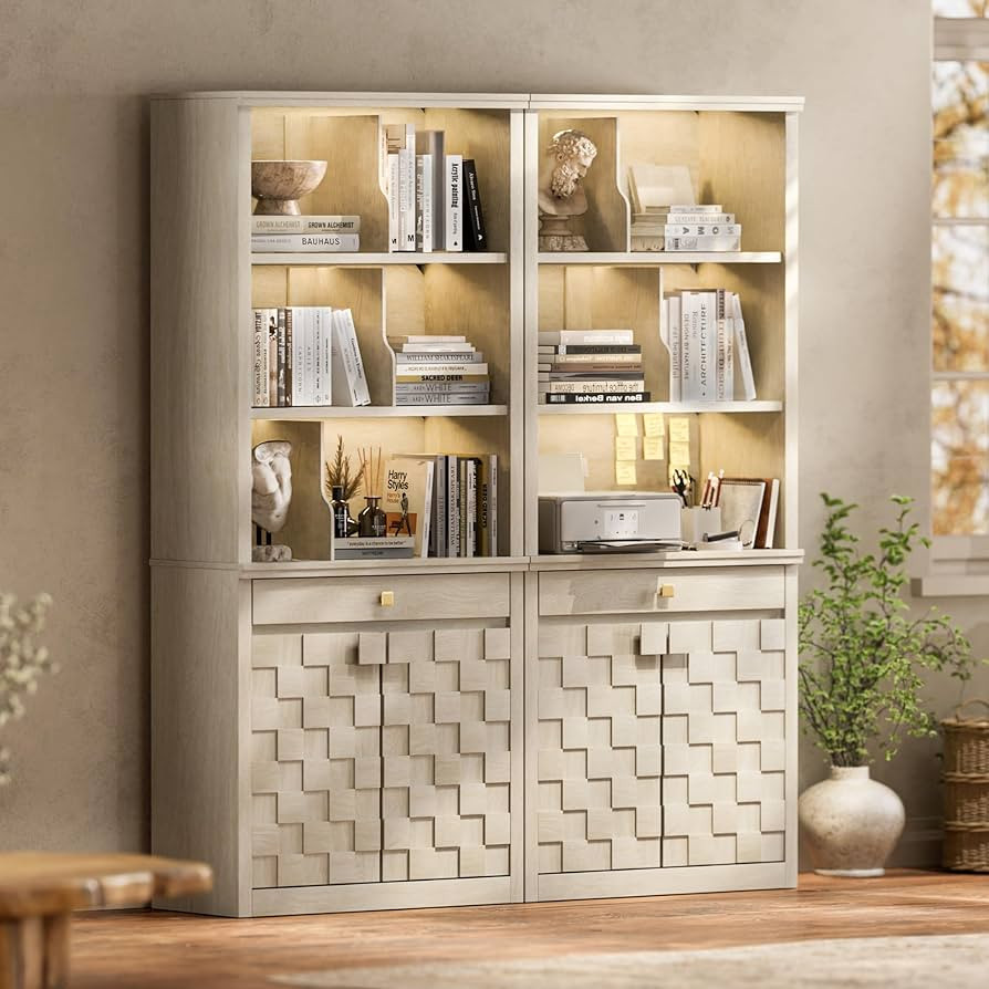 Fluted Bookcase with LED Light Set of 2, 72.2" Tall Standing Bookshelf with Drawer and Doors, Mod... | Amazon (US)