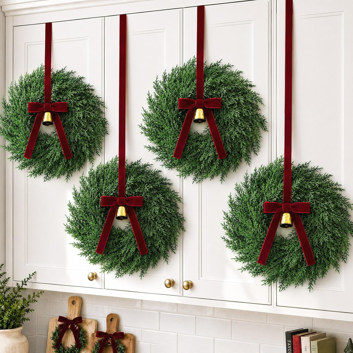 Christmas Decorations, Mini Christmas Wreaths for Cabinets with Bows Bells | Amazon (US)