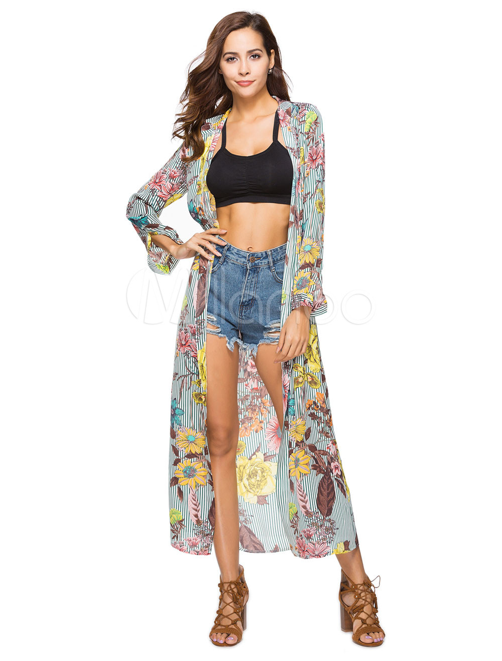 Women Shirt Dresses Yellow Long Sleeve Turndown Collar Chiffon Floral Dress | Milanoo