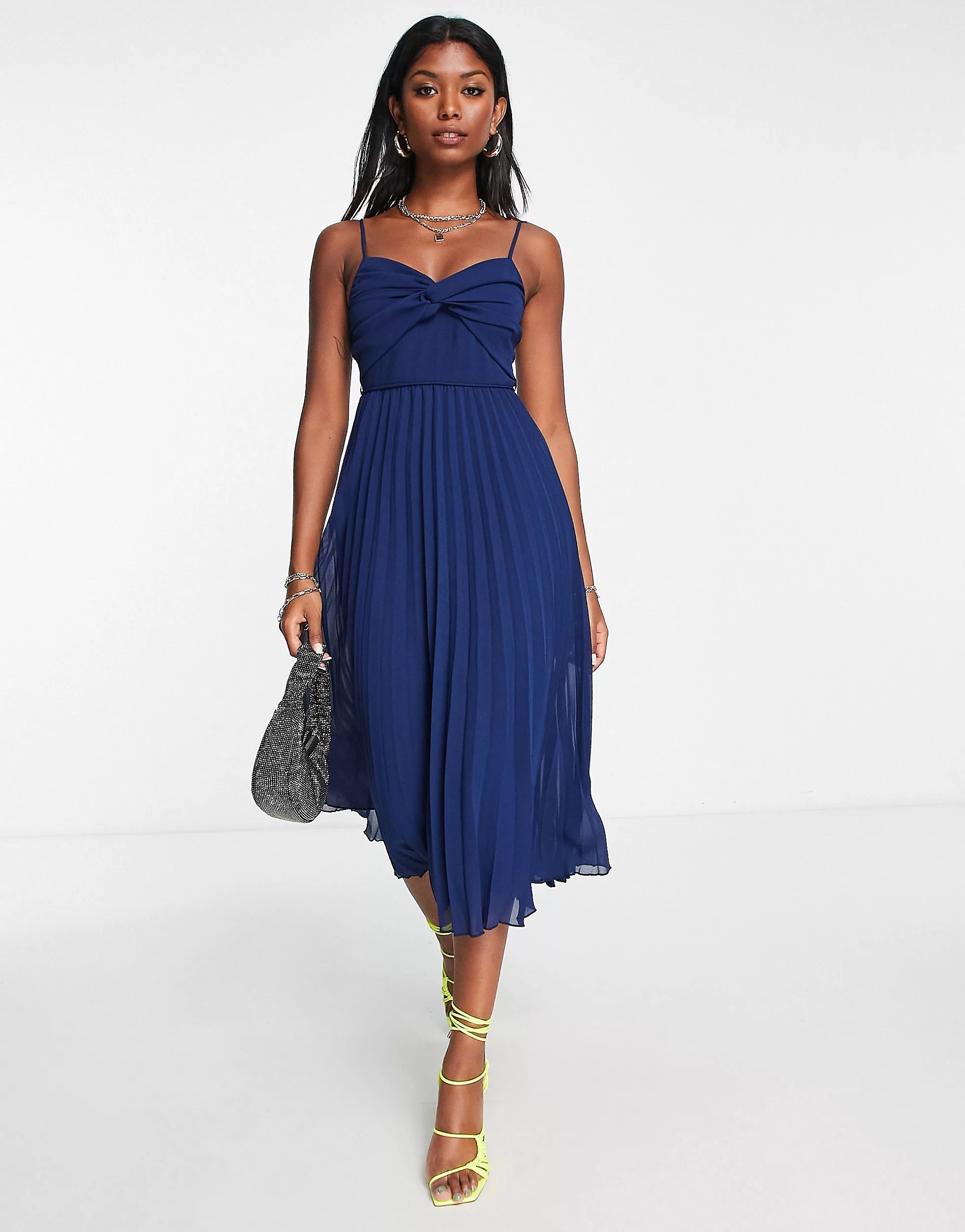 ASOS DESIGN twist front pleated cami midi dress with belt in navy | ASOS (Global)