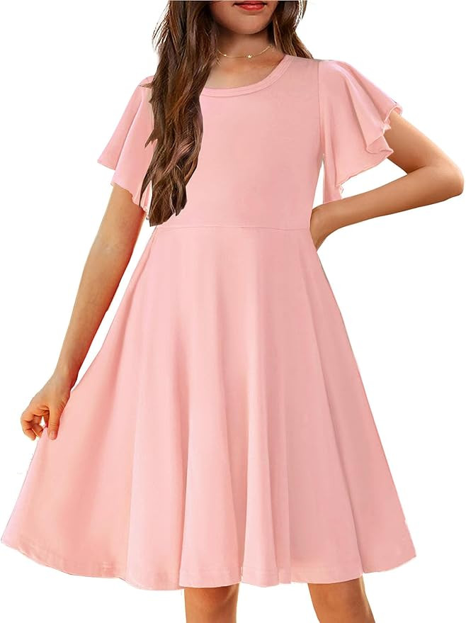 Arshiner Girl's Summer Dresses Ruffle Short Sleeve Swing Flowy Midi Casual Sundress with Pockets | Amazon (US)