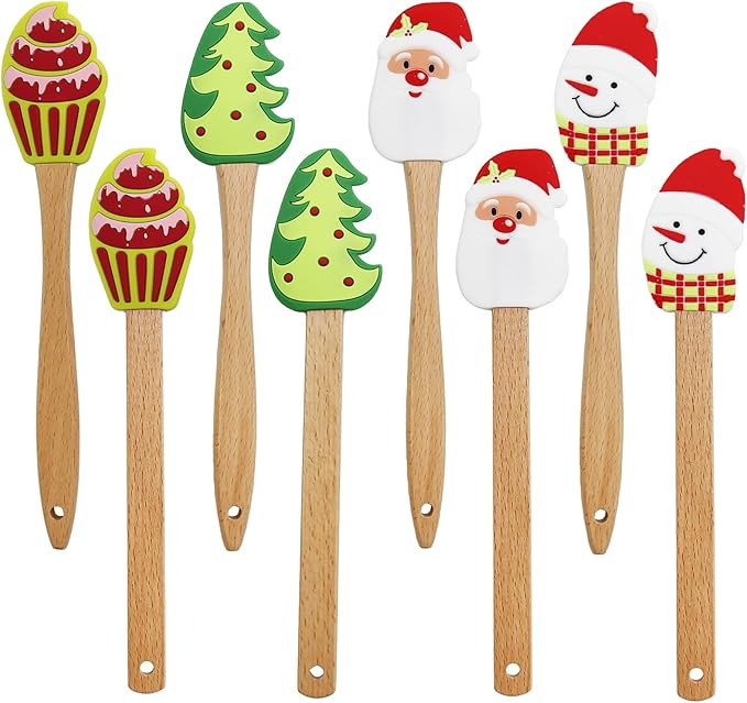 8PC Christmas Silicone Spatula Set - Santa Design Wood Handle for Baking, Cake Decor, Cooking Non... | Amazon (US)