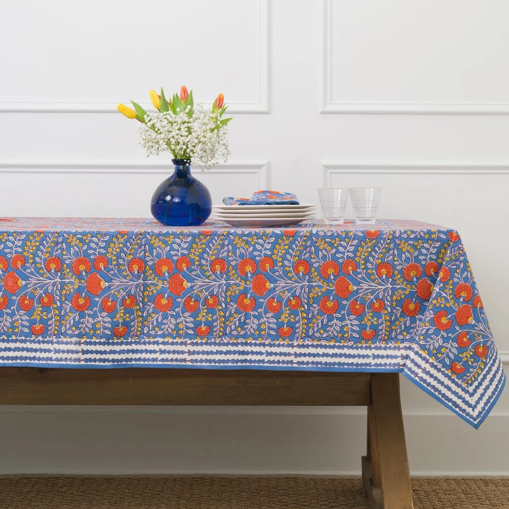 Cactus Flower Blue & Orange Tablecloth | Colorful Floral Linens | Pomegranate