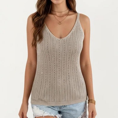 Anna-Kaci Women's Sleeveless Ribbed Open Knit Tank Top with V Neck and Slim Fit Silhouette - Medium, Khaki | Target