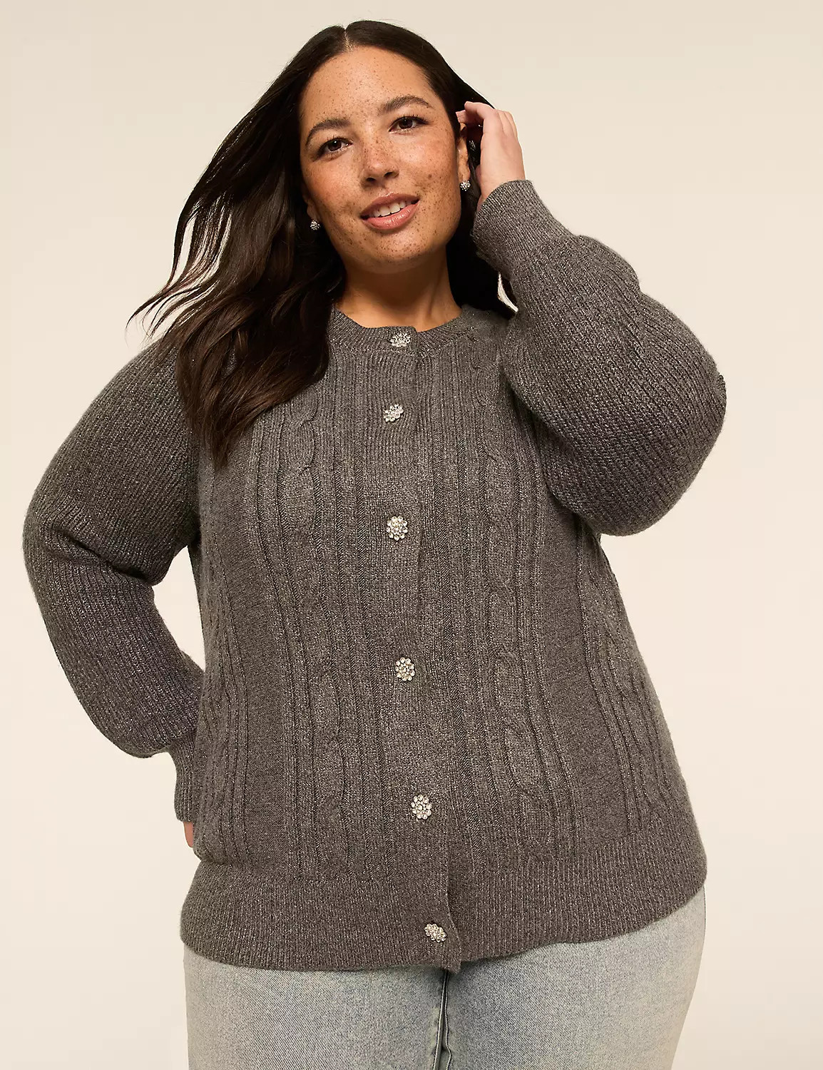 Bling Button-Front Sparkle Cable Knit Sweater | Lane Bryant (US)