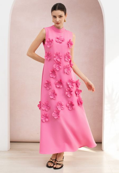 3D Floral Applique Tie Back Sleeveless Maxi Dress in Hot Pink for Wedding Receptions & Cocktail P... | Chicwish