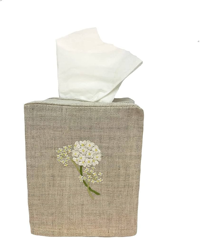 Linen Tissue Box Cover in Natural with Hand Embroidered Hydrangea | Amazon (US)