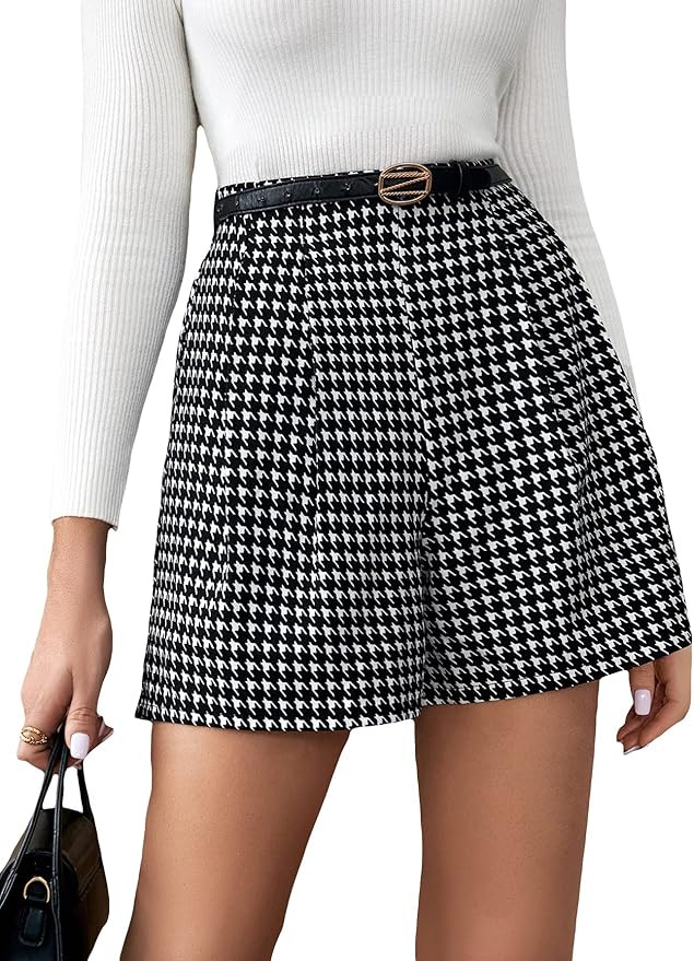 Milumia Women's Elegant Houndstooth Print High Waisted Zipper Wide Leg Dressy Shorts | Amazon (US)
