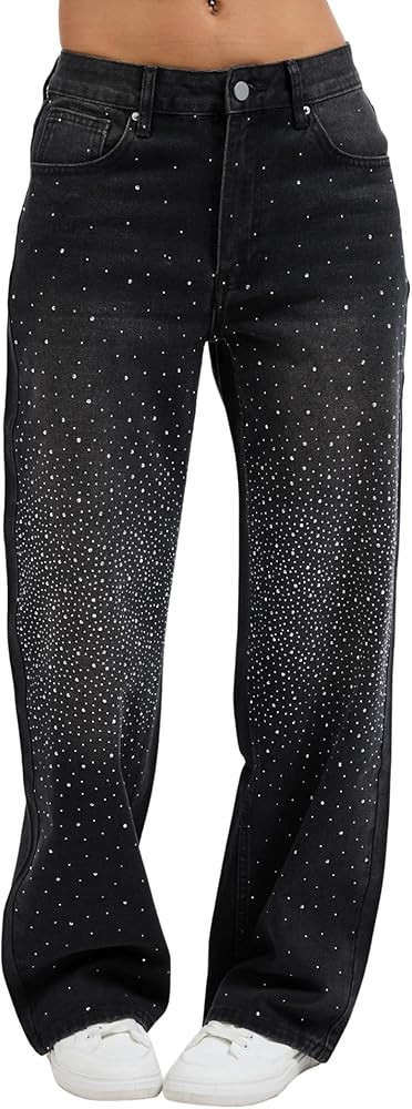 Rhinestone Straight Leg Jeans for Women Teen Girls Bling Loose Fit Denim Pants for Party Music Fe... | Amazon (US)