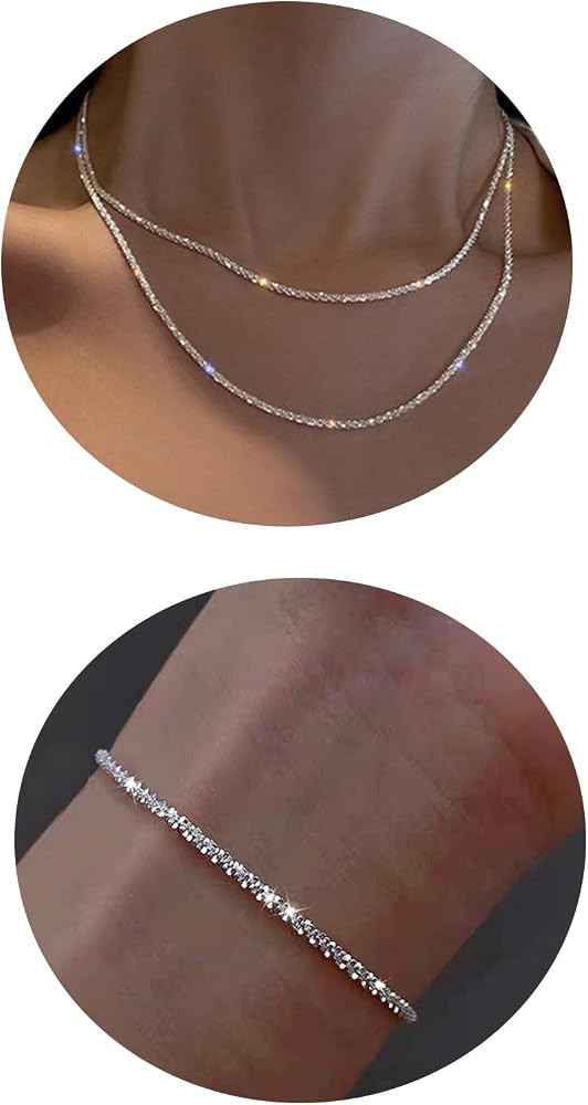 Collares de plata en capas para mujer, collar de cadena de cuerda trenzada brillante de moda, del... | Amazon (US)