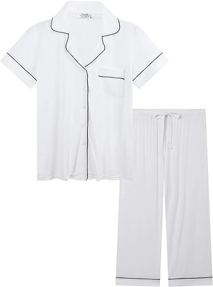 Joyaria Womens Capri Pajamas Bamboo Pj Set Short Sleeve/Button | Amazon (US)