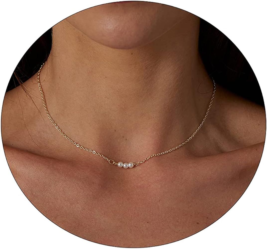 BERISO Dainty Pearl Necklaces for Women Shining Silver 14K Gold Plated Pearl Chocker Paperclip Li... | Amazon (US)