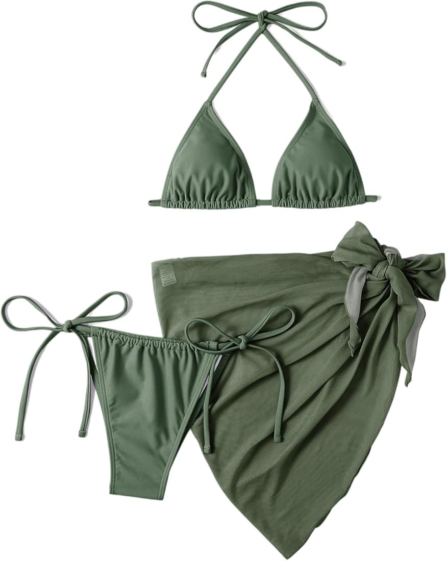 SOLY HUX Women's 3 Piece Swimsuits Triangle Bikini Set Bathing Suits with Mesh Cover Up Beach Ski... | Amazon (US)