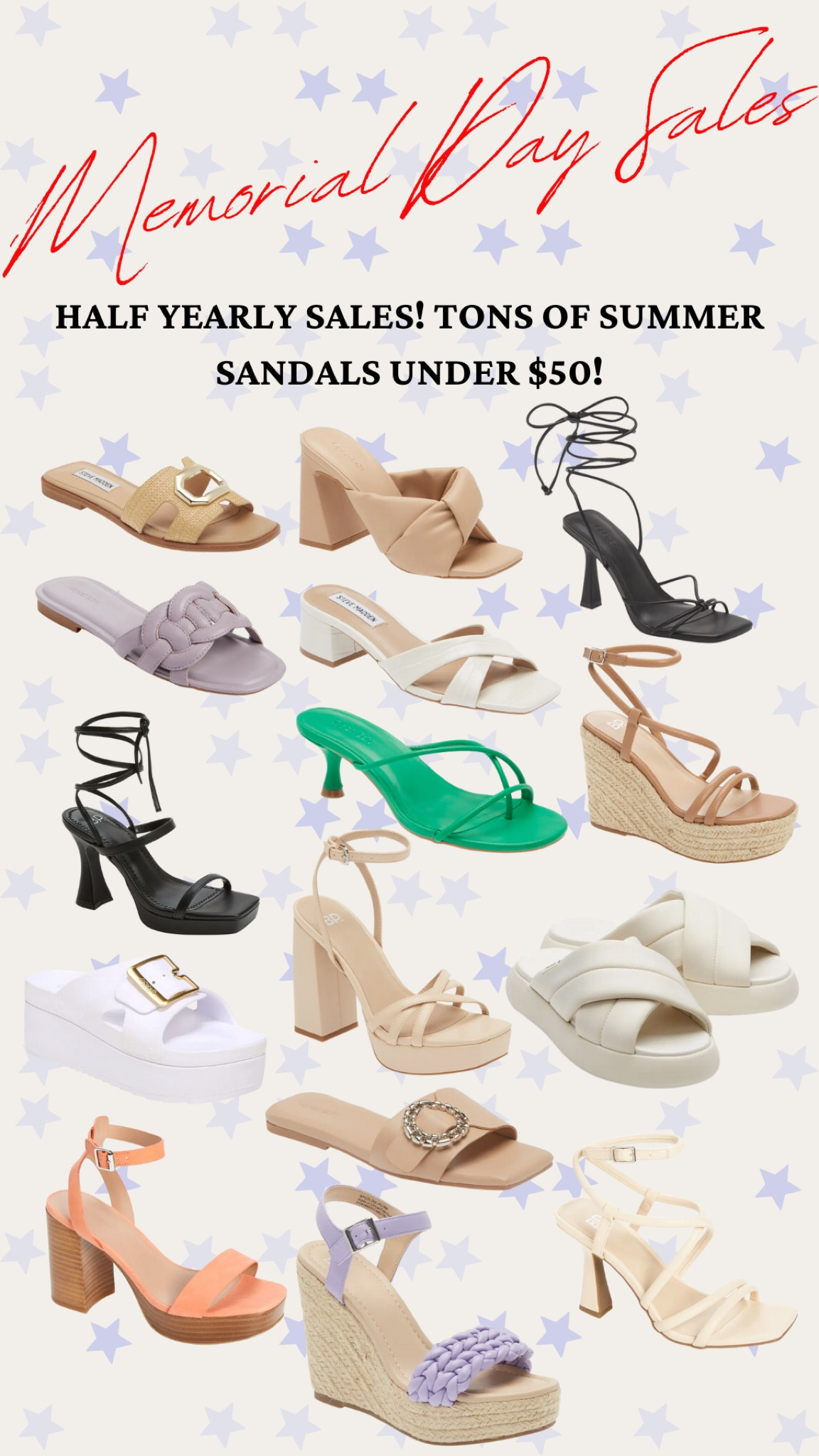 Memorial Day Sales! Tons of sandals and summer shoes under $50!

Summer sandals, summer wedges, summer heels, strappy sandals, tie up sandals, kitten heels, platform sandals

#LTKunder50 #LTKshoecrush #LTKsalealert