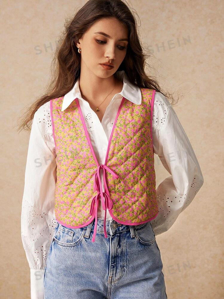 Poéselle Rose Red Floral Padded Vest,Women's Fashionable Ditsy Floral Tie-Waist Padded Coat,Lace... | SHEIN
