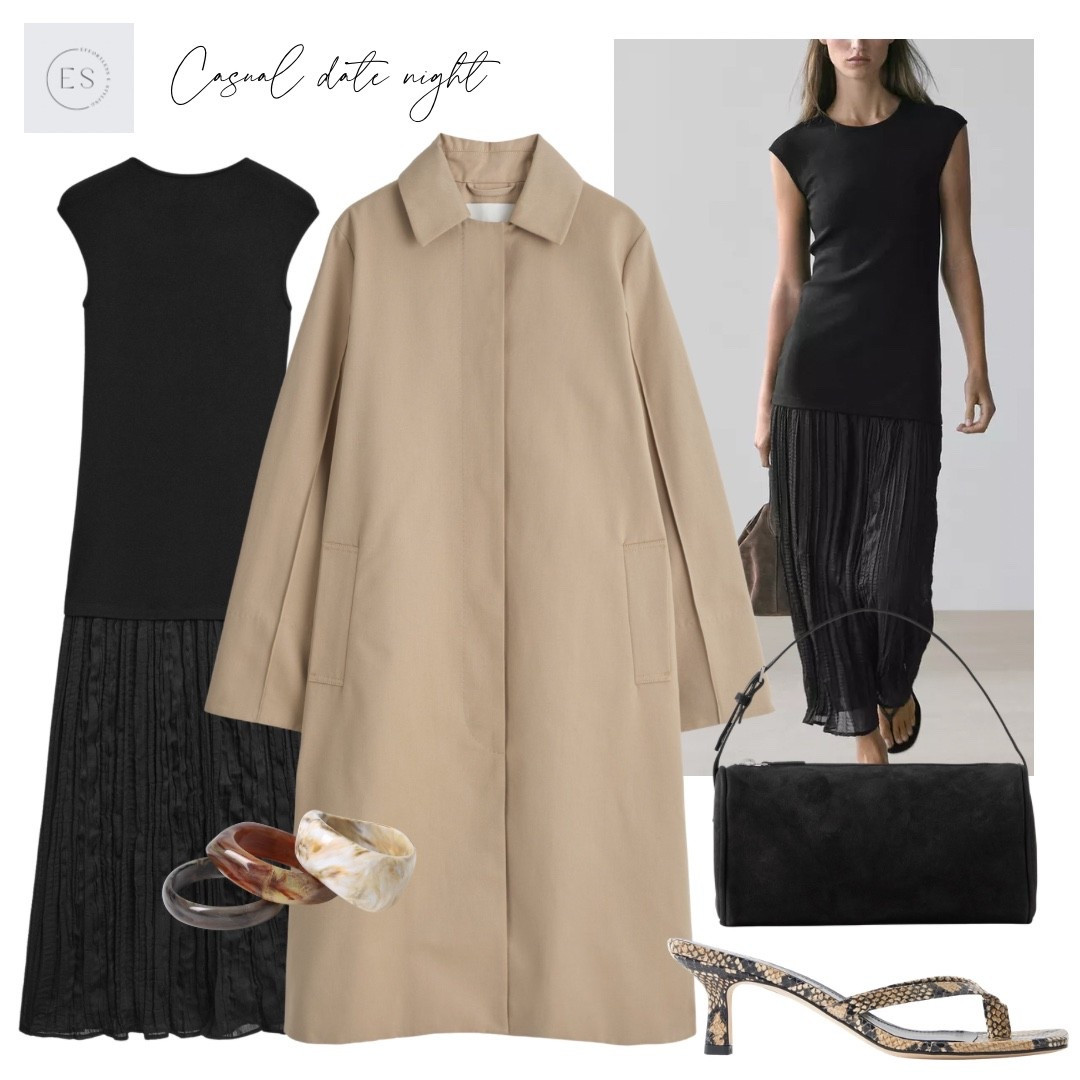 Smart casual date night outfit. 

Beige car coat, snake print leather heeled sandals, resin bangle stack, black suede 90s mini bag, long black contrast pleated dress. 

#LTKMidsize #LTKootd