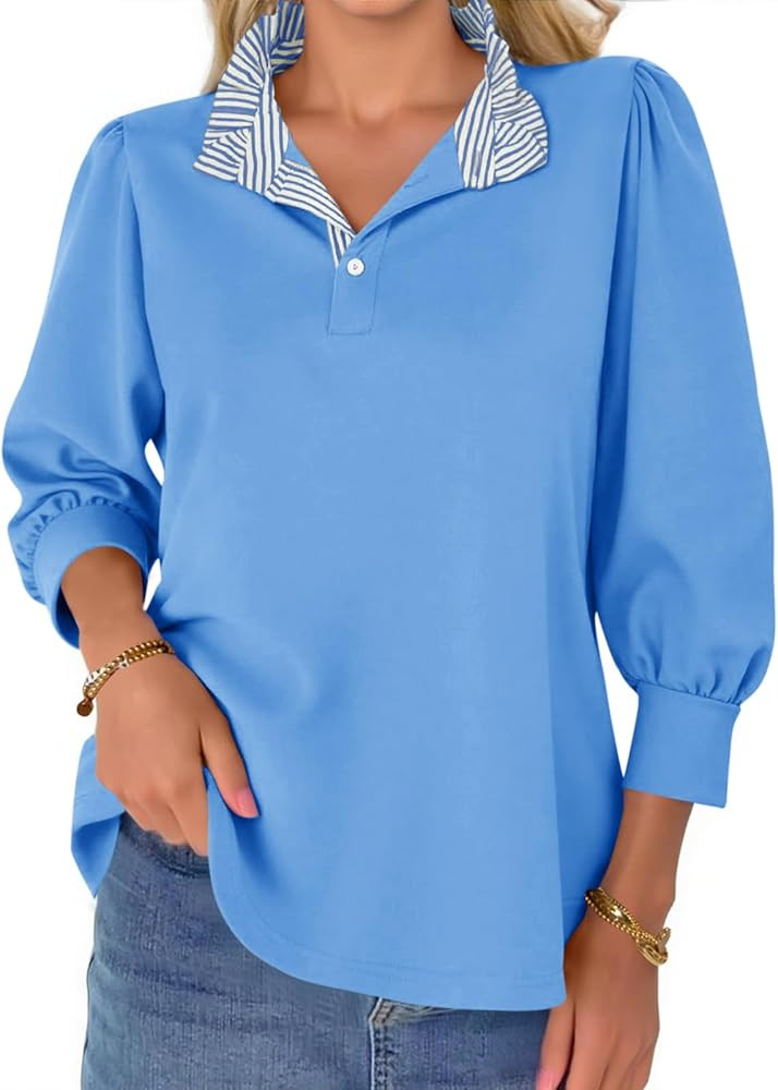Cicy Bell Womens 3/4 Length Puff Sleeve Tops Dressy Casual Ruffle V Neck Blouses Color Block Loos... | Amazon (US)