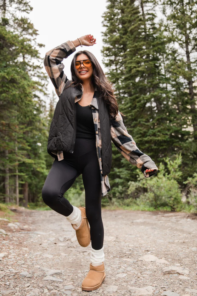 Wind Down Black and Tan Fleece Plaid Shacket SALE | Pink Lily