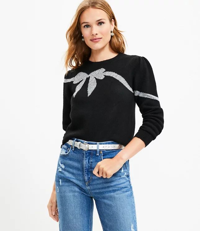 Shimmer Bow Puff Sleeve Sweater | LOFT