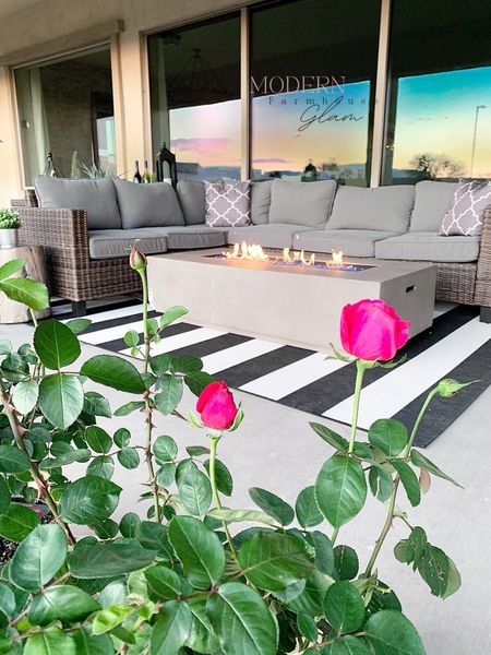 Patio furniture at modernfarmhouseglam, outdoor furniture, outdoor sectional, patio set, outdoor rug, fire pit, fire table, black and white outdoor rug, home decor, furniture

#LTKHome