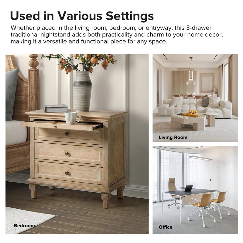 Arthelia Traditional 3-Drawers Nightstand with Built-in Charging Station and Pull-out Shelf | Wayfair North America