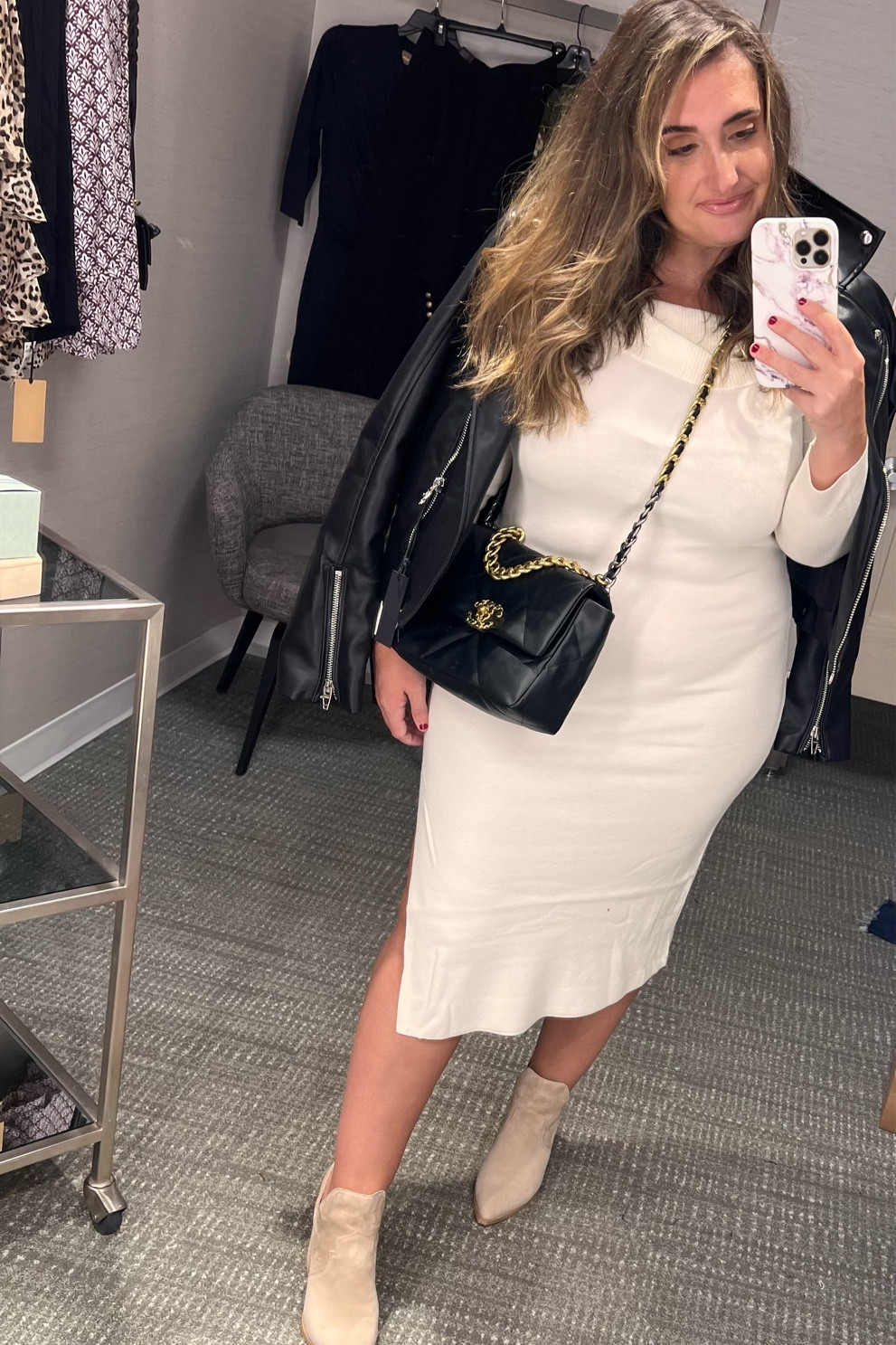 Fall outfits, sweaterdress, Chanel bag, leather jacket, neutral style 