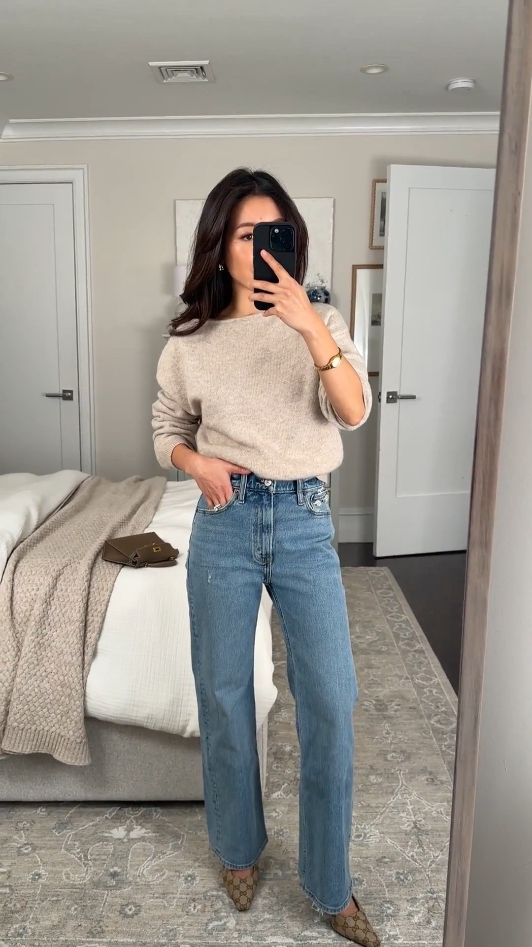 Use code AFLTK
• High rise 90s relaxed jeans size 24 Extra Short - longtime favorite jeans

Linked another wide leg cut I really love as well that fits a little looser at the waist 

• Sweater XXS beige - relaxed fit with a boat neckline, sleeves are pretty long on me

Petite jeans, dinner with friends outfit, easy jean outfit 

#LTKPetite #LTKootd