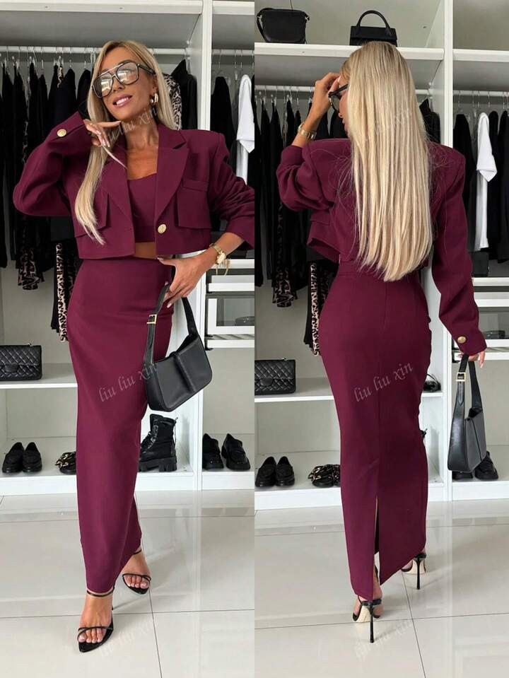 2pcs/Set Women Elegant Long Sleeve Jacket And Slit Hem Skirt With Golden Buttons, Autumn/Winter | SHEIN