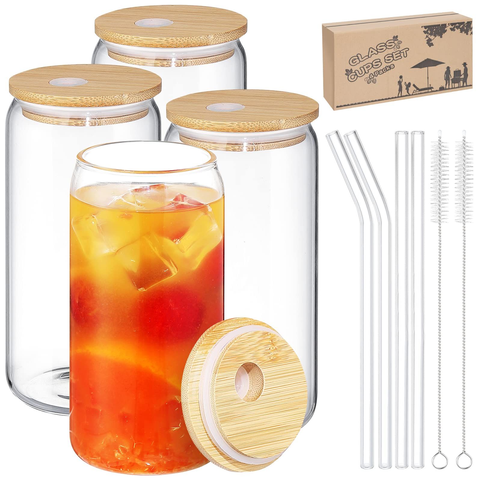 4 Pack Drinking Glasses Beer Can Glass Cups 16 oz Can Shaped Tumbler Glass with Bamboo Lids and S... | Amazon (US)