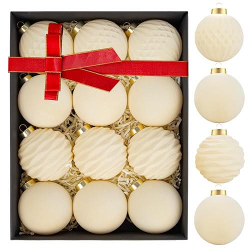 WDF 12PCS Beige Cream Velvet Christmas Tree Ornaments - 4 Styles White Christmas Ornaments - 80mm 3.15inch Shatterproof Christmas Balls for Xmas Trees Decorations | Amazon (US)