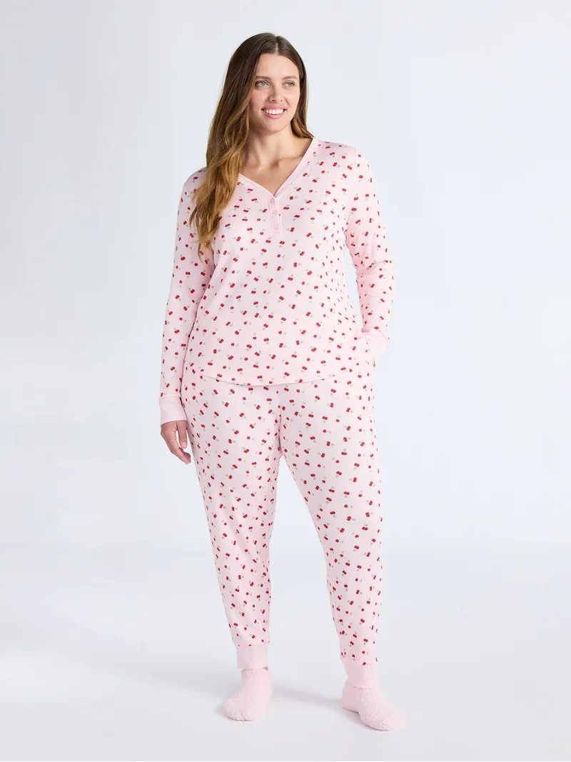 Joyspun Women's Waffle Knit Henley Sleep Top, Joggers and Socks Pajama Set, 3-Piece, Sizes XS-3X | Walmart (US)