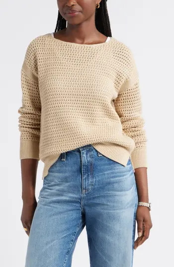 Caslon® Open Stitch Cotton Blend Sweater in Tan Shore at Nordstrom Rack, Size Small | Nordstrom Rack