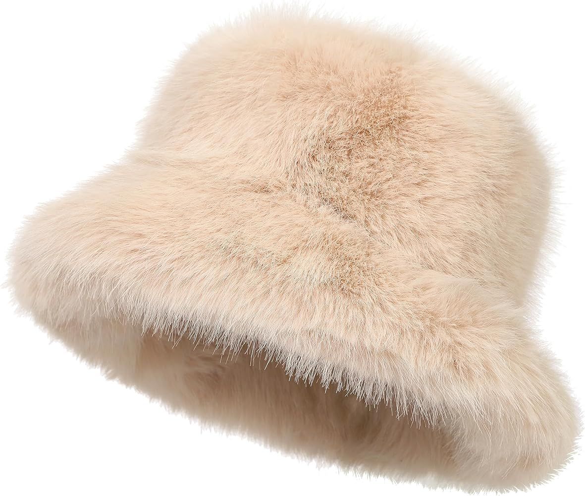 LA CARRIE Women's Fuzzy Wide Brim Faux Fur Bucket Hat Winter Warmer Fisherman Cap | Amazon (US)