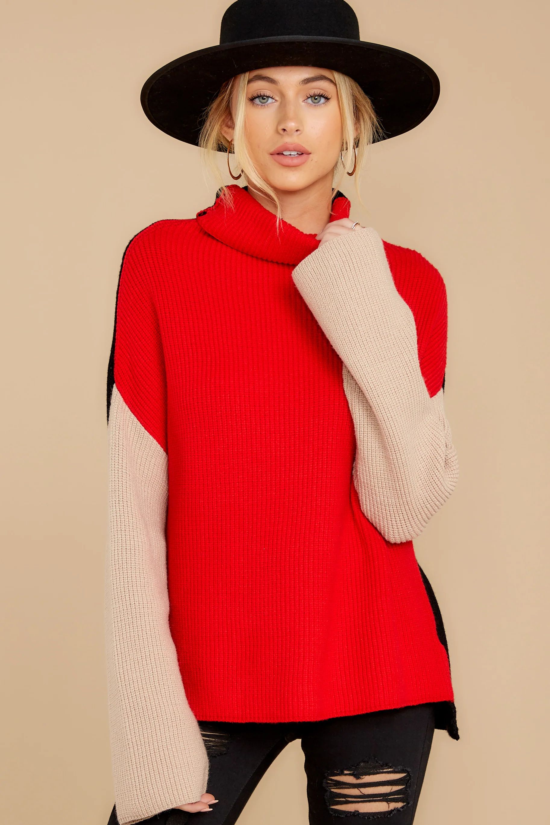 Set The Tone Red And Black Cowl Neck Sweater | Red Dress 