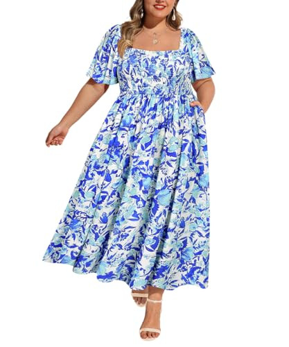 RITERA Plus Size Dresses for Curvy Women Square Neck Short Sleeve Summer Floral Smocked Maxi Dres... | Amazon (US)