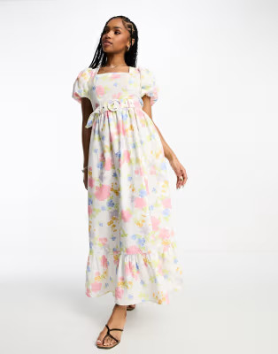 Miss Selfridge linen look belted maxi dress in floral | ASOS (Global)