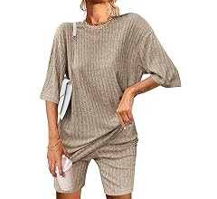 Ekouaer Pajamas 2 Piece Lounge Sets Ribbed Knit Matching Outfits T-shirt Biker Shorts Sleepwear L... | Amazon (US)