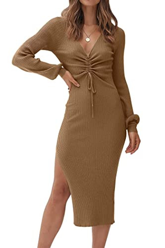 Amazon.com: PRETTYGARDEN Women's Midi Sweater Dress Long Lantern Sleeve Ruched V Neck Drawstring ... | Amazon (US)