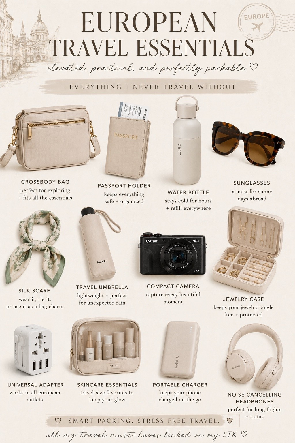 What I’m packing for Europe ✈️🤍

These are the travel essentials I swear by for international flights, train travel, and exploring new cities. Practical, stylish, and worth every inch of suitcase space.

✔️ Crossbody bag
✔️ Portable charger
✔️ Universal adapter
✔️ Noise-canceling headphones
✔️ Jewelry organizer
✔️ Travel skincare

Save this for your next European adventure 🇦🇹🌍

#EuropeanTravel #AustriaTravel #TravelEssentials #TravelStyle #CarryOnEssentials #TravelFavorites #AirportStyle #LTKTravel #SummerTravel #EuropePackingList #TravelMustHaves #WomenWhoTravel #TravelAccessories #VacationPlanning #TravelInspo

#LTKSeasonal #LTKTravel #LTKgrwm